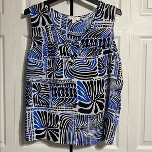Coral Bay Blue & White lightweight Sleeveless top Print Blouse shirt size LARGE